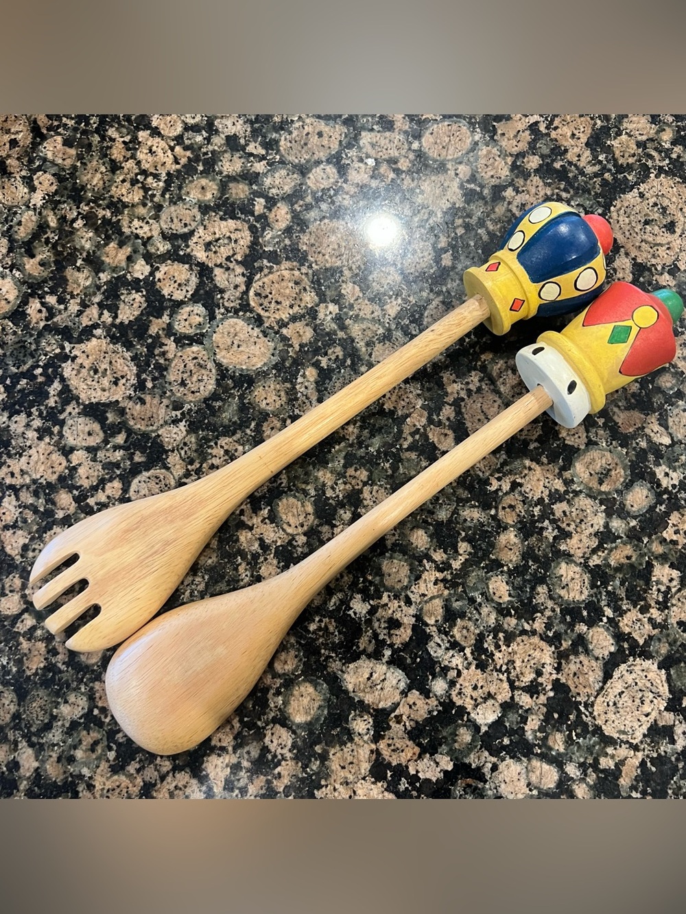 Vintage Wooden King and Queen Crown Topped Salad Fork And Spoon Server Set
